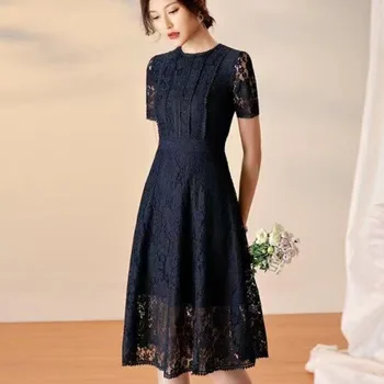 Slim Fit ruha Csipke üreges ruhák nőknek Office Lady Elegant Mid Long Vestido Nyári vintage ruházat Fekete hajókék