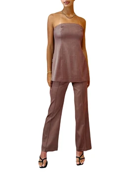 Stílusos plisse kétrészes szett nőknek Y2K pánt nélküli csőfelső, rakott széles szárú flare nadrággal - tökéletes illeszkedő öltöny