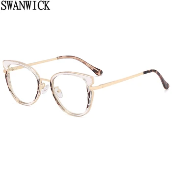 Swanwick félfém macskaszemüveg keret női TR90 kék fényű szemüveg női kiegészítők divat átlátszó lencse fekete leopárd