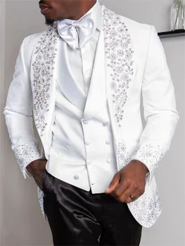 Személyre szabott férfi öltönykészlet blézer 3 db fekete nadrág fehér kristályok vőlegény kabát esküvői szmoking, szmoking, rátétes parti báli ruha