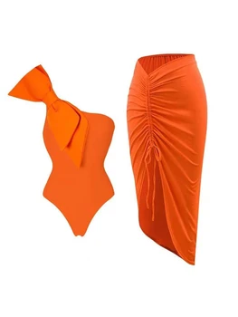 Szexi egyvállú tömör egyrészes fürdőruha nők 2023 narancssárga magas derekú bikini hát nélküli szűk strandruha fedőszoknyával