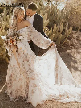 Szexi nyomtatású virágos esküvői ruhák 2023 le a vállról Menyasszonyi ruhák hát nélküli Vestidos De Novia