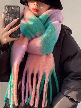 Szivárványszín-blokkoló rács divat sokoldalú kasmír utánzat Mohair Téli új női sál meleg védelem hideggalléros kendő