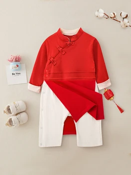 Tavaszi és őszi baba tang hosszú ujjú kínai hagyományos fesztivál ruházat pamut aranyos gyermek ruha jumpsuit 6-18 hónap