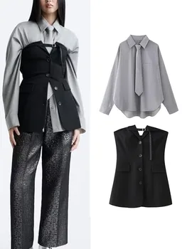 TRAF Fashion női ing öltöny alkalmi bő csíkos női ing nyakkendővel + fekete Fitt fűző stílusgomb pánt nélküli felső Új