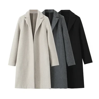 TRAF tömör filc textúrájú kabát nőknek Őszi elegáns nyitott első hajtóka hosszú kabátok 2023 vintage hosszú ujjú egyszerű meleg felsőruházat