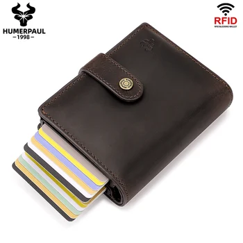 Valódi bőr hitelkártya tartó RFID blokkoló alumínium csúszda Pop Up intelligens pénztárca Business férfi Porte Carte érmezsebbel