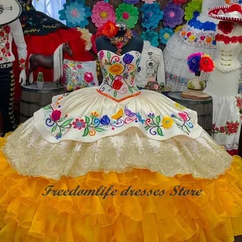 vestidos de 15 años 2022 Sárga hímzés Quinceanera ruhák Csipke rátétes fodrok Organza Sweet 16 mexikói Gilrs báli ruha