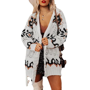 White Tribal Pattern Hollow Out kötött kardigán pulóver női téli új, hosszú ujjú kabát 271743