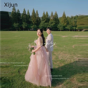 Xijun pirosító rózsaszín tüll esküvői ruhák koreai menyasszonyi ruhákhoz Redők Spagetti pántok szalagavató ruhák Padlóig érő fotózás 2023