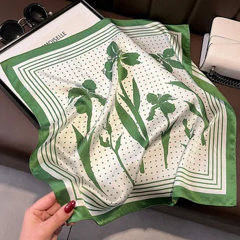 Új 53cm 100% selyem valódi zöld növény nyomtatott luxusmárka szögletes sál női design bandana fejpánt divat hidzsáb nyakkendő