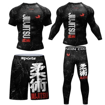 Új Jiu Jitsu Rashguard MMA póló +nadrág férfiaknak 4db/szett Brazil grappling Bjj boksz kiütés védő sportruházat tornanadrág