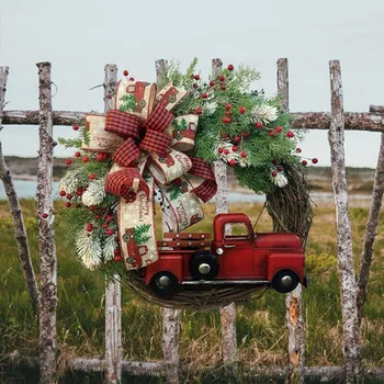 Új piros teherautó karácsonyi koszorú rusztikus őszi bejárati ajtó műfüzérek Parasztházi cseresznye szalaggal lógó ünnepi koszorú