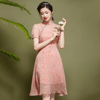 Új tervező női ruházati ruhák Kínai stílusú vintage sifon nyomtatás Kiváló minőségű ruhák Vestidos