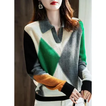 Új őszi és téli divat trend kontraszt színes póló nyakszál nyomtatás sokoldalú laza laza karcsú stílusú női pulóver