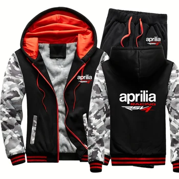 Őszi téli férfi öltöny Aprilia Racing RSV4 Print Meleg pamut gyapjú cipzáras kabát Álcázó vastag kabát+meleg nadrág szett