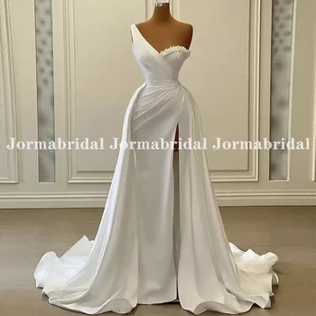 2023 Magas résű sellő esküvői ruha levehető szoknyával egyvállú fehér szatén gyöngyök menyasszonyi ruha vestido de noiva فستان