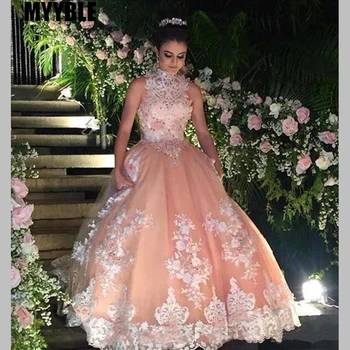 ANGELSBRIDEP High Neck Ball Dress Sweet 16 éves Lace Up Quinceanera ruhák vestido debütáns 15 anos Sheer Prom Prom For Party