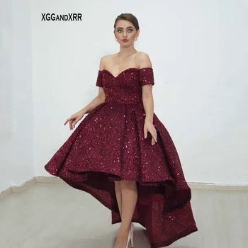 Csillogó bordó magas alacsony báli ruha 2023 szexi vállról levehető formális flitteres rövid estélyi partiruha Saudi Arbia Lady gálaruha