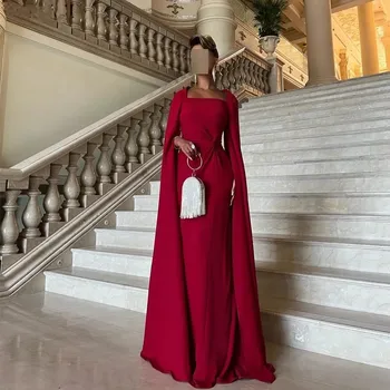 Elegáns piros szatén sellő báli ruha szögletes gallér hosszú ujjú estélyi parti ruhák szaúdi arab padlóhossz nőknek