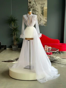 Haute Couture báli ruhák A-vonalú hosszú ujjú tüll gyöngyös hasított Szaúd-Arábia Dubai köntös De Soiree estélyi ruha