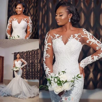 Illúzió hosszú ujjú sellő esküvői ruhák puszta nyakú csipke rátét kültéri afrikai trombita menyasszony esküvői vestido de 2023