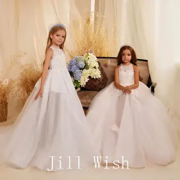 Jill Wish Luxus fehér virágos lány ruha gyöngyös hercegnő gyerekek esküvő születésnap elsőáldozási parti estélyi ruha 2024 J284
