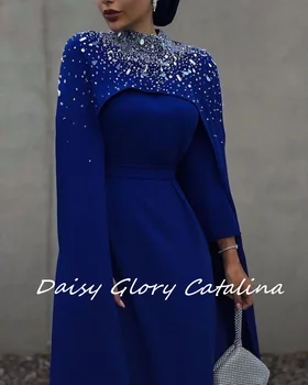 kék kristály estélyi ruhák elegáns női viselet báli ruha kézzel készített gyöngyös pakolások hosszú ujjú szaúd-arábiai esküvői parti ruhák
