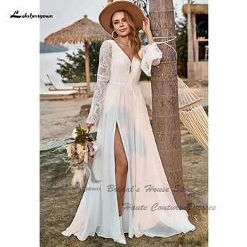 Lakshmigown Flary hosszú ujjú Boho esküvői ruha menyasszonyi nyári strandra 2023 törtfehér sifon A vonalú esküvői ruhák hát nélkül