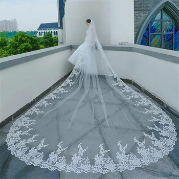 Luxus fehér elefántcsont hosszú csipke menyasszonyi fátyol 1 rétegű katedrális esküvői fátyol esküvői kiegészítők