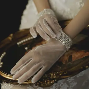 Pearls Csukló Menyasszonyi ruha kesztyű egyszerű ötujjas One Pair menyasszonyi kesztyű Rövid esküvői kesztyű Handchuhe Romen elegáns boda