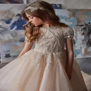 Pezsgővirág Lány ruha Tüll rátétek Csillogóan gyöngyös kislány hercegnő Esküvő születésnapi zsúr Elsőáldozási ruha