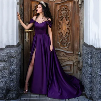 Purple A Line Lace Up Back estélyi ruhák Elegáns vállról Szatén báli ruhák nőknek Oldalsó osztott köntös de Soirée