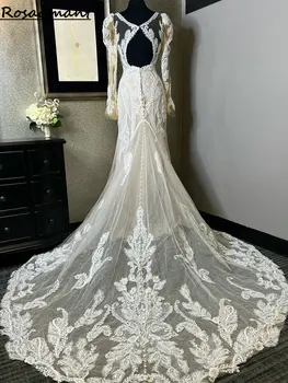 Real Image Long Sleeve Open Back Crystal Mermaid Wedding Dresses Illusion 3D applikációk Csipke menyasszonyi ruhák De Mariée köntös