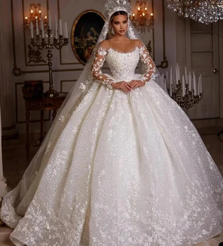 Romantikus kedvesem Kerek nyakú hosszú ujjú Bolyhos felmosó padló Luxus esküvői ruhák Szexi hát nélküli gyönyörű menyasszonyi ruha