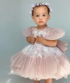 Rózsaszín lányok ruhái puffos ujjú flitteres csipke Tutu cupcake ruha Kislány első születésnapi ruha különleges alkalom