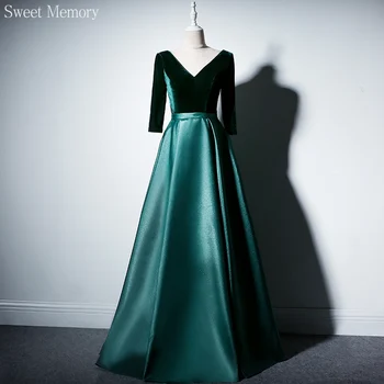 Sweet Memory S152 Fekete Kék Zöld Hosszú ujjú estélyi ruhák Vintage szatén velúr Padlóhossz V-nyakú báli ruha
