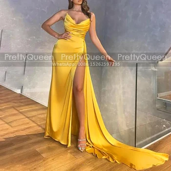 Szexi High Split szalagavató ruhák Pánt nélküli redős sellő Hosszú vonat arany sárga köpeny estélyi ruha party nőknek