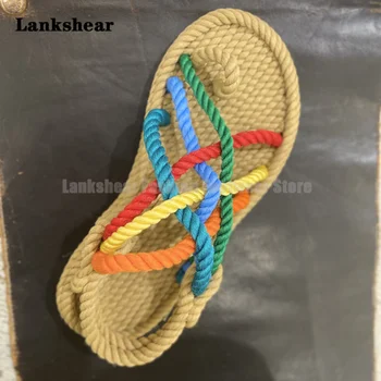 Színes fonott kötélszandál Lapos vászon Tiszta, kézzel készített fonott kötélcipő Üreges nyitott orrú strandcipők Női alkalmi cipők