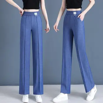 Tavaszi nyári nadrág Női rugalmas derékzsebek Hímzés szegecs Elegáns divat Vintage alkalmi nadrág