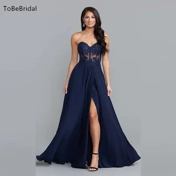ToBeBridal estélyi ruhák nőknek Szexi pánt nélküli, magas derekú esküvői parti ruha A-vonalú hímzett matrica ballagási báli ruha