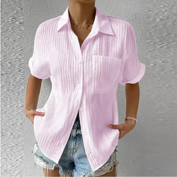 Vintage Solid Simple ingek Summer Elegant Office Lady Blúz Rövid ujjú ing zsebbel Női felsők Ruházat Blusas 28301