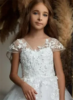 Virág lány ruha fehér bolyhos tüll matrica O-nyak esküvő elegáns alom virág gyermek első eucharisztikus születésnapi zsúrruhája