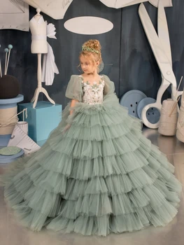 Virág lány ruhák zöld tüll fehér figura rátétekkel rétegzett félujjú esküvőre születésnapi bankett hercegnő ruhák