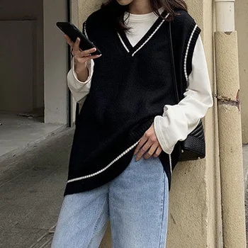 Y2K stílusú női kötött pulóver mellény 2023 Új, túlméretezett kötöttáru All-Match pulóver felsők V nyakú ujjatlan lányok retro pulóverek